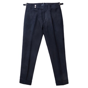 春夏天丝亚麻透气复古绅士巴黎扣那不勒斯修身卷边绅装九分西裤