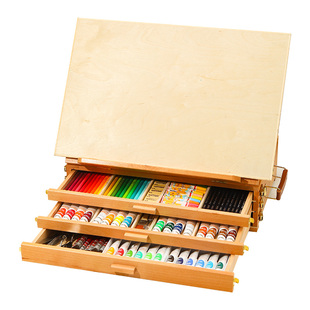 桌面台式画架美术生专用三层油画箱画画工具套装儿童画架可折叠抽屉式丙烯水粉初学者桌上画板架木质桌面画架