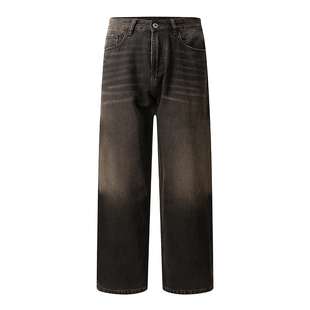 高级纳米水洗黑色牛仔裤男士宽松秋冬新款美式高街潮牌直筒阔腿裤