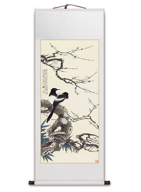 新中式梅花双喜图卷轴挂画中国风