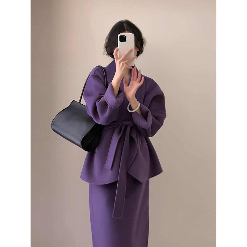 富家千金冬装套装时尚套装复古名媛小香风紫色御姐风高级感毛呢裙