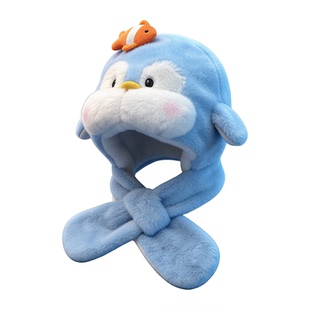 可爱卡通企鹅毛绒帽子围巾一体女款冬季保暖防寒耳朵会动护耳头套