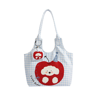 可爱格子苹果小狗帆布包女2025新款大容量学生上课通勤单肩托特包