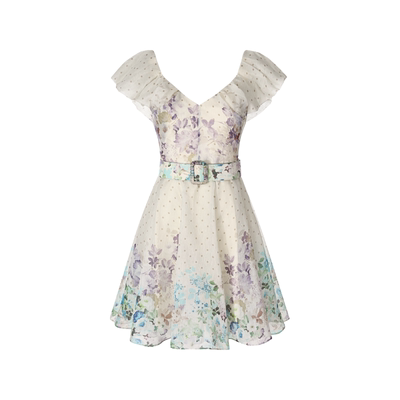 釉杏桑蚕丝亚麻飞袖印花连衣裙