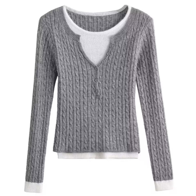 复古撞色假两件麻花绒绒针织毛衣