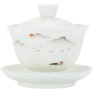 钰铨龙门 羊脂玉瓷手绘盖碗 德化白瓷素烧墨彩山水大号三才盖碗