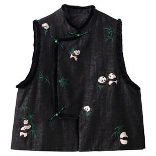 一丝牵 国风刺绣 貂毛真丝香云纱龟裂纹夹棉马甲盘扣桑蚕丝袄背心