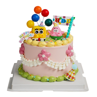 网红黄色海绵宝宝蛋糕装饰插件儿童宝宝生日快乐小旗子派大星摆件