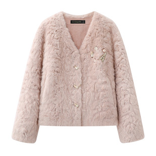 拉夏贝尔/La Chapelle小香风毛毛外套女冬季新款气质短款毛绒外套