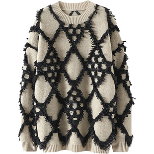 恋恋不忘的版!小众设计师立体菱格毛絮花纹山羊绒衫慵懒风毛衣