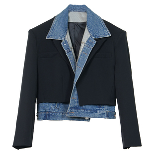VE2 假两件牛仔拼接短款西服外套男团直角肩高级感休闲西装夹克潮