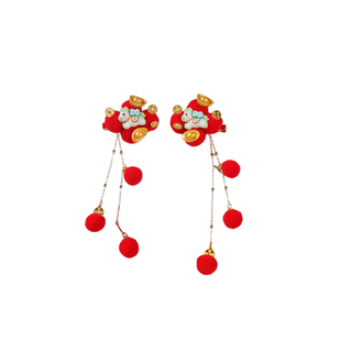 【马上有钱】新年发夹金元宝头饰红色毛球铜钱流苏儿童边夹新中式