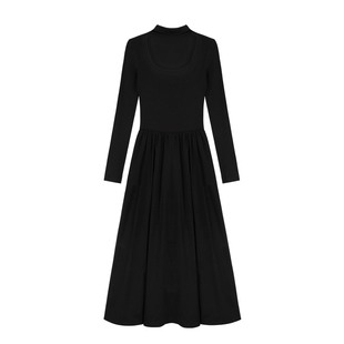 MULVAN 挂脖针织连衣裙女设计感小众收腰显瘦拼接A字气质大摆长裙