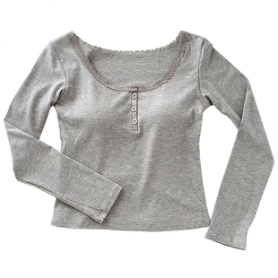 bm风蕾丝边保暖内衣女带胸垫螺纹棉舒适可外穿显瘦打底衫秋冬内搭