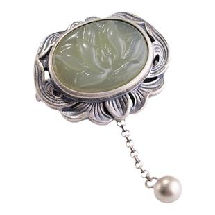 玉番莲碧玉莲花胸泰银吊坠女流苏复古田园风和田玉别针旗袍胸饰