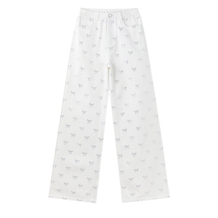 MISS COCOON可可尼烫钻直筒裤子2025夏季新款白色薄款牛仔裤女