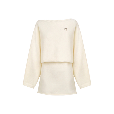 斜肩长袖针织宽松A字短款连衣裙