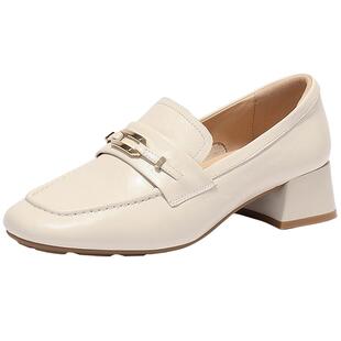 森达乐福鞋女25新款商场同款羊皮粗跟软底真皮通勤中跟黑色单鞋