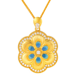 万司珍手工古法黄金 幸运孔雀翎宝相花吊坠 足金吊坠镶钻纯金礼物