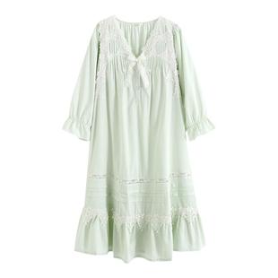 罗丝美新款睡裙100%棉长袖洋装镶蕾丝家居服纯棉女士睡衣13014