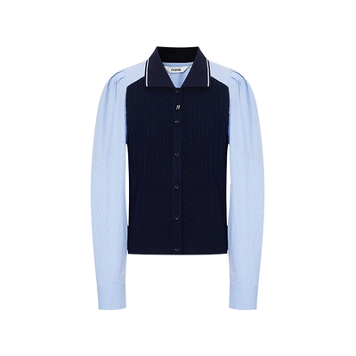 none时髦潮流衬衫式拼接针织开衫