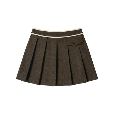 Uena棕色羊毛呢百褶半身裙