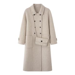 画风drawwind2025秋冬新款羊毛大衣女纯色翻领双排扣长款毛呢外套