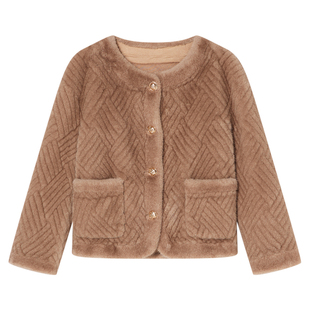 Goodland美地环保仿貂绒圆领皮草外套女短款LC34510130