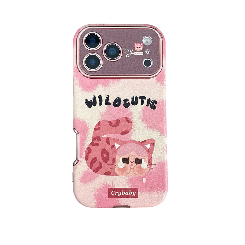 卡通粉豹纹猫咪哭娃适用苹果17promax手机壳iPhone16新款15支架14毛绒挂绳13女款全包边防摔保护套