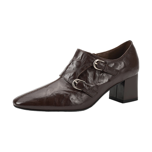 星期六巨好看2026春季新款女士高跟乐福鞋女真皮粗跟英伦方头皮鞋