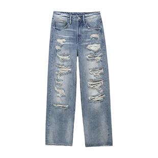 ABLE JEANS【拖地裤】女士中高腰破洞牛仔裤宽松阔腿长裤百搭女裤