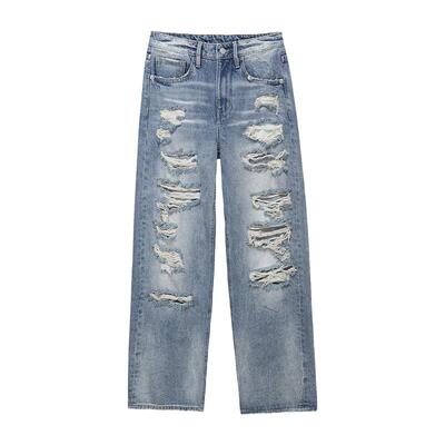 ABLE JEANS【拖地裤】女士秋冬中高腰破洞牛仔裤宽松阔腿长裤