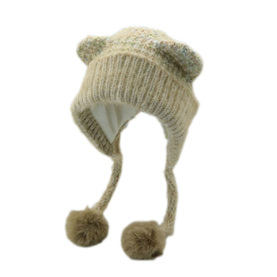 新款秋冬季日系可爱软萌耳朵毛绒帽子女保暖混色针织毛线套头帽潮