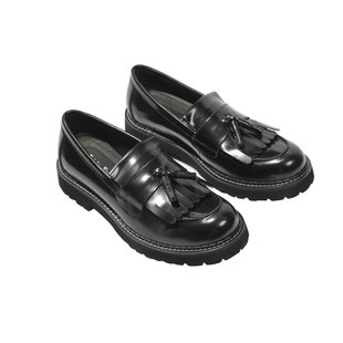 英伦休闲亮面流苏乐福鞋男士厚底懒人一脚蹬松糕皮鞋真皮圆头春秋