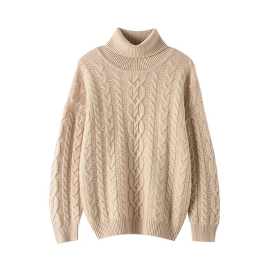 慵懒风加厚山羊绒衫女高翻领宽松重工提花软糯毛衣时尚羊毛衫打底