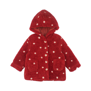 大耳象女童波点毛绒连帽外套冬季新款宝儿夹棉加厚保暖防寒上衣