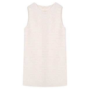 落落狷介白色连衣裙2024新款女秋冬小个子亮片拼接小香风无袖裙子