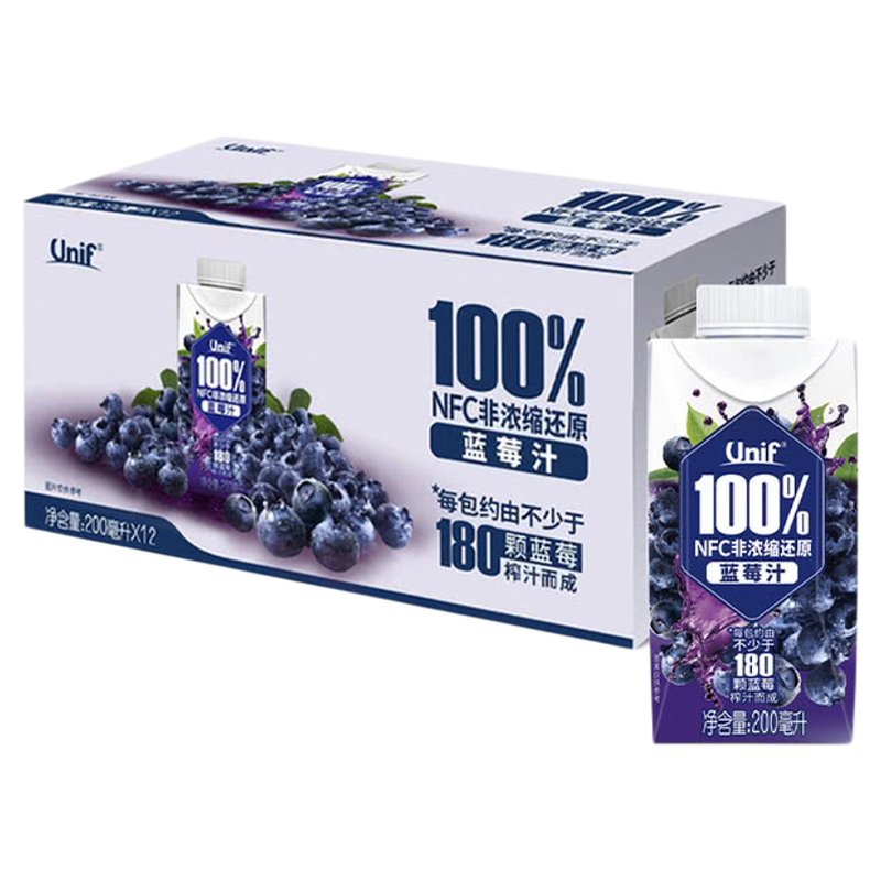 山姆赞蓝莓汁Unif100%nfc蓝莓汁非浓缩还原200ml*12瓶旗舰店正品