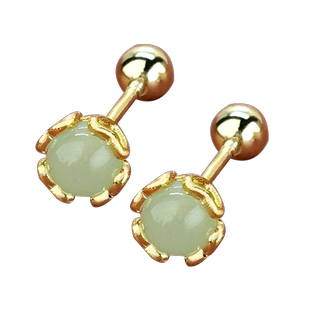 人工和田玉耳钉女纯银针养耳洞阳绿耳钉新款螺丝拧扣独特耳骨钉