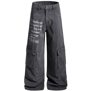 FLAME ONG 美式复古设计感小众字母印花大口袋工装裤男宽松直筒潮