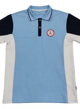 中小学生校服夏季浅蓝拼白短袖藏蓝白袖POLO衫男女班服T恤可定做