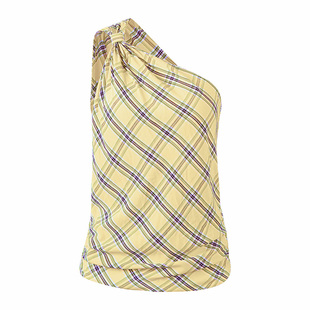 call it a day  白色/黄色格纹斜肩修身背心上衣女单肩露背吊带夏