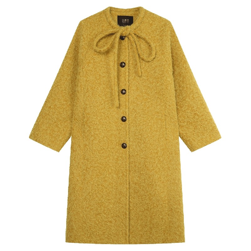 白鹿语时尚气质抽绳系带圆领外套2024冬新款落肩宽松长款女式大衣