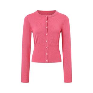 1C00M4早春经典美丽奴羊毛收腰毛衣玫红色开衫针织短款V领上衣