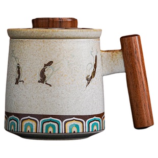 敦煌文创陶瓷马克杯木把带盖办公室过滤水杯茶水分离杯子礼品定制