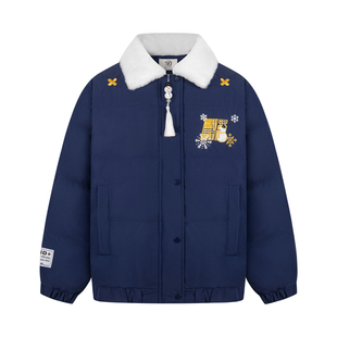 文文不乖美式雪人刺绣毛绒翻领棉服外套女宽松慵懒加厚保暖棉衣