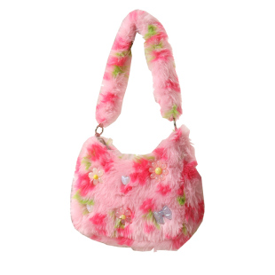 可爱糖果粉色毛绒绒腋下包女冬天甜美草莓豹纹斜挎小众托特包苏塔