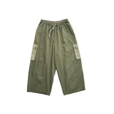 人字纹军绿拼接萝卜廓形裤宽松