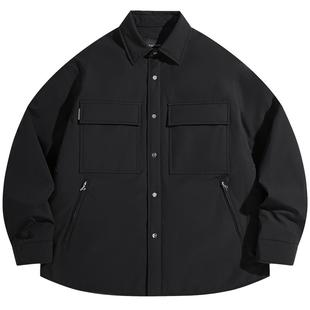 太平鸟男装 石墨烯面料衬衫式工装羽绒服冬季翻领黑色防寒服
