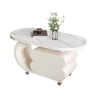 岩板可移动茶几小户型沙发茶几客厅家用高级感奶油风椭圆形万向轮